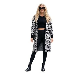 DKNY Black and White Leopard-Pattern Knit Cardigan Size XS